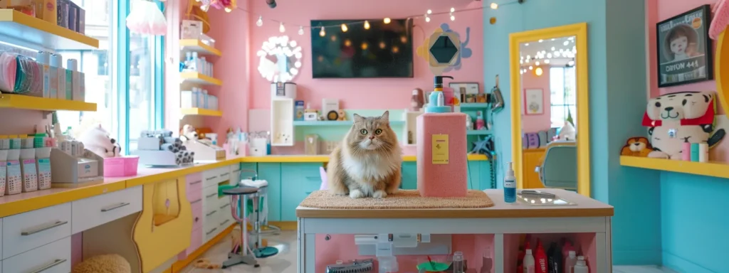 a brightly lit, modern pet grooming salon showcases a professional groomer skillfully using clippers on a fluffy cat, surrounded by various grooming tools and vibrant pet-themed decor.