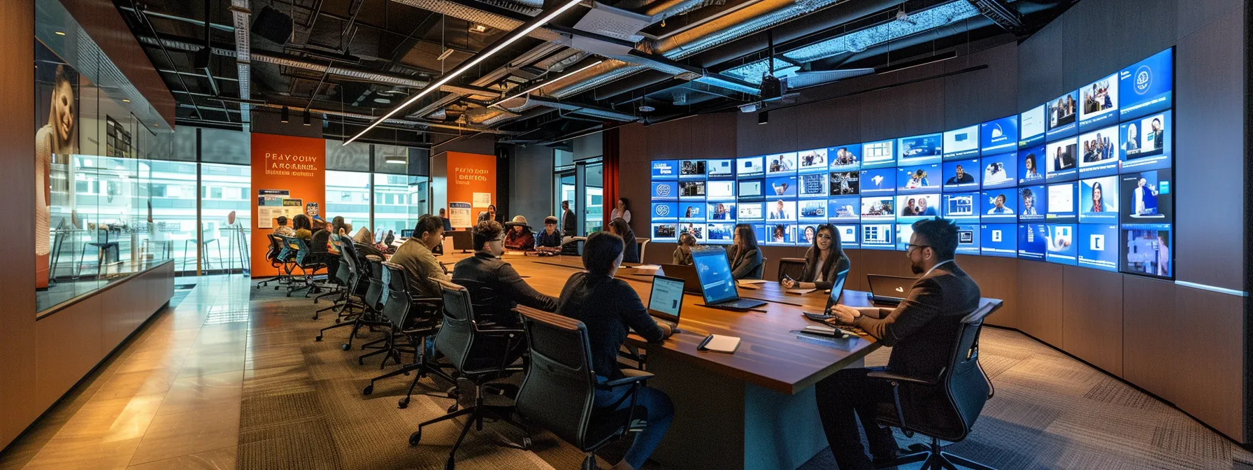 a sleek, modern office workspace features a diverse group of professionals engaged in animated discussions around a large conference table, surrounded by digital displays showcasing email analytics and successful campaign case studies. a sleek, modern office workspace features a diverse group of professionals engaged in animated discussions around a large conference table, surrounded by digital displays showcasing email analytics and successful campaign case studies.