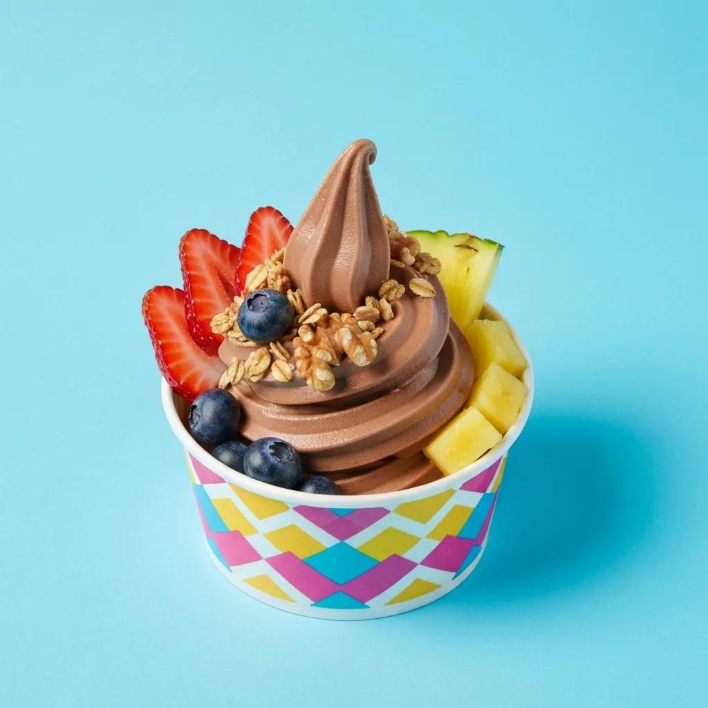 Creamy frozen yogurt swirl topped with fresh fruits and nuts in a colorful cup