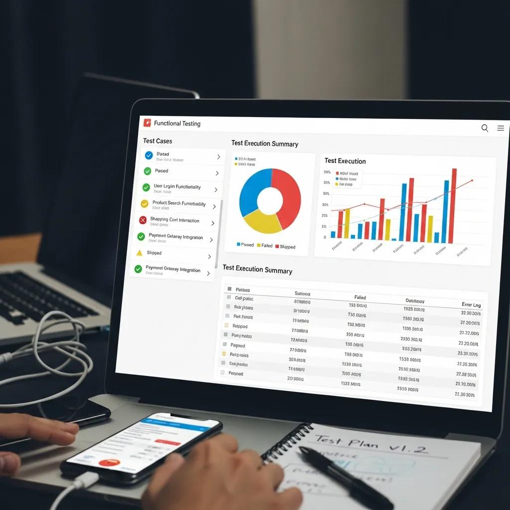 Computer screen displaying a functional testing dashboard with test cases and their results