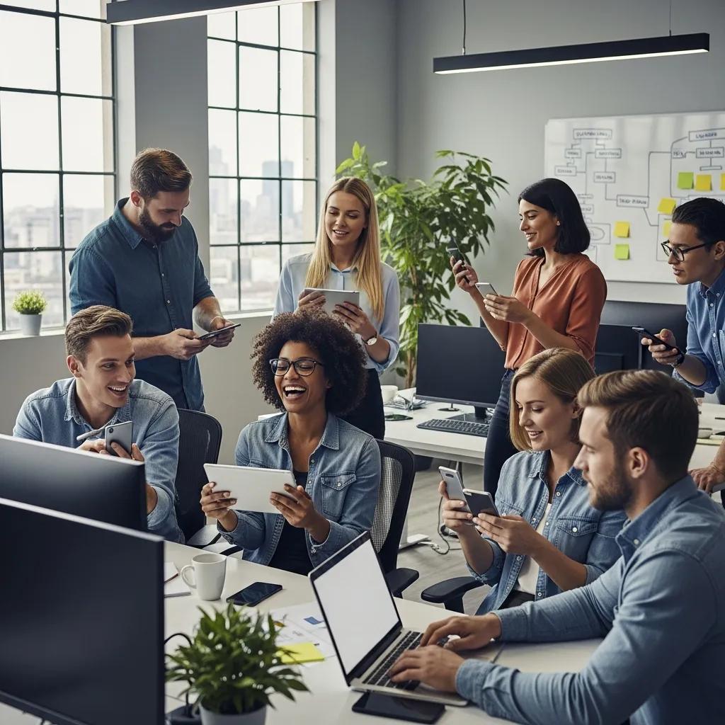 Diverse team collaborating on mobile app testing with various devices in a modern office