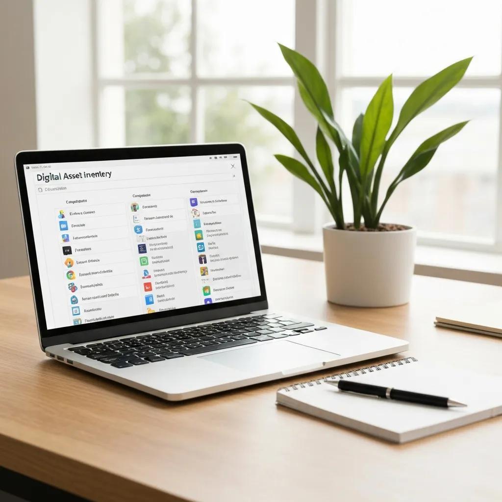 Workspace illustrating digital estate planning with inventory and tools for securing digital assets