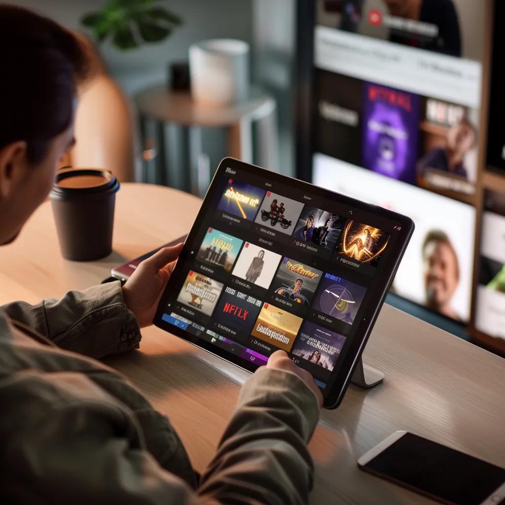 Person browsing Netflix partner bundles on a tablet in a cozy home office