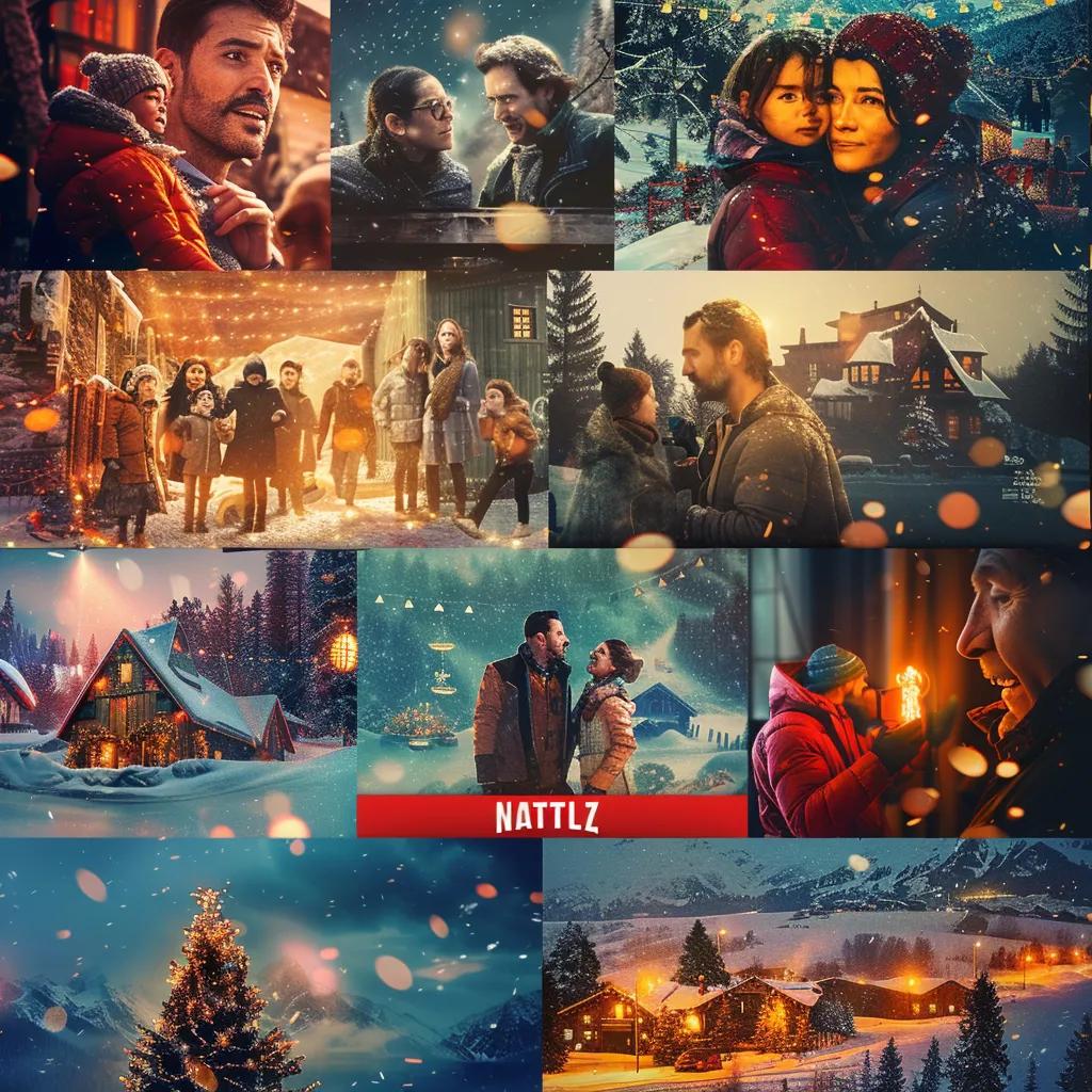 Collage of Netflix winter content collections including family movies, cozy series, and documentaries