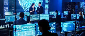 Diverse professionals collaborating on AI-driven workflows in a modern office