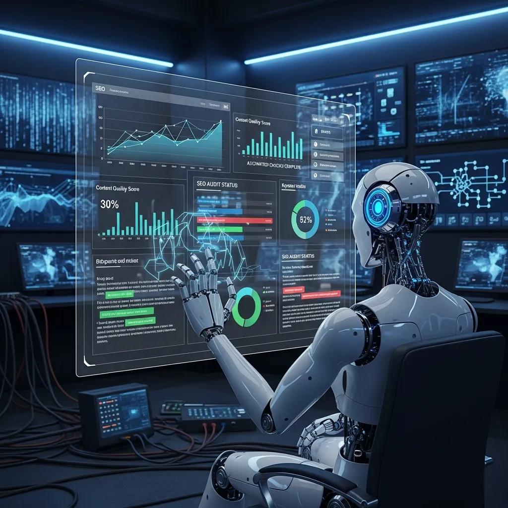 AI interface analyzing SEO metrics and content quality, highlighting automation in digital marketing