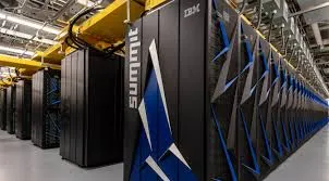 High-performance supercomputer with sleek blue and black design in a data center.