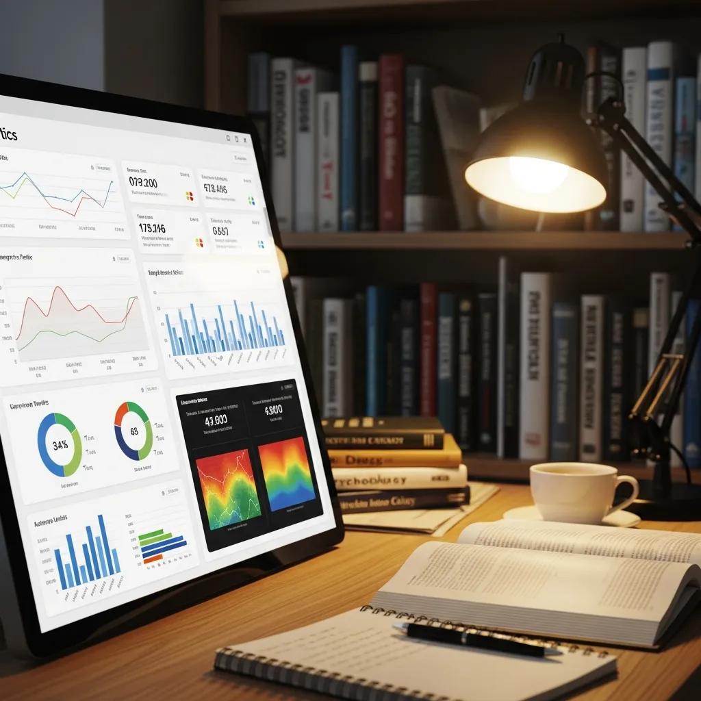 Close-up of a computer screen with analytics on user experience and engagement in a cozy workspace
