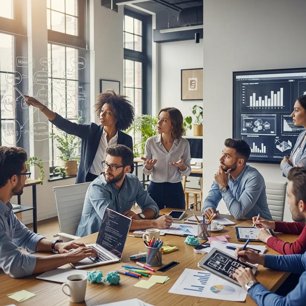 Cross-functional AI team collaborating in a modern office