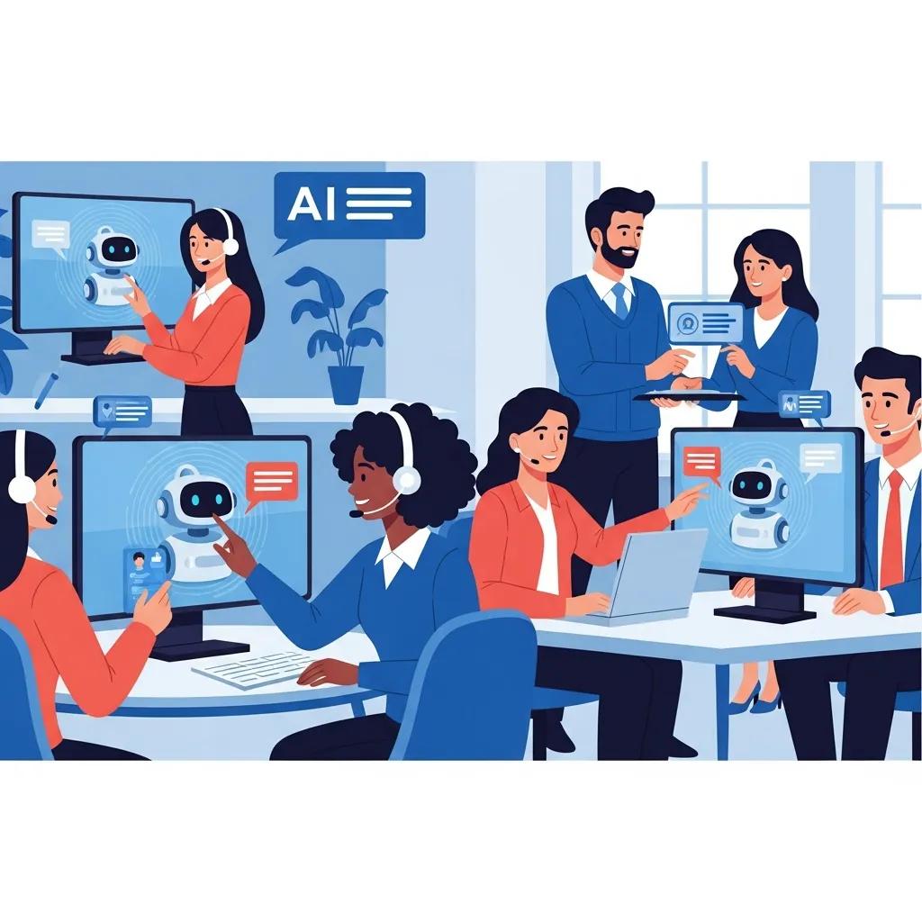 Customer support agents utilizing AI tools in a modern office setting