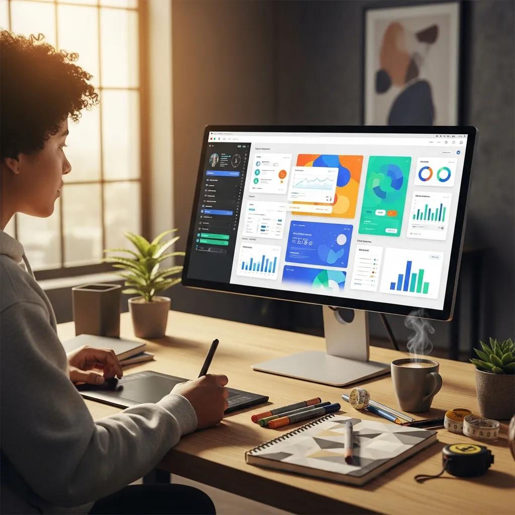 Designer working on a digital interface with design tools in a modern workspace