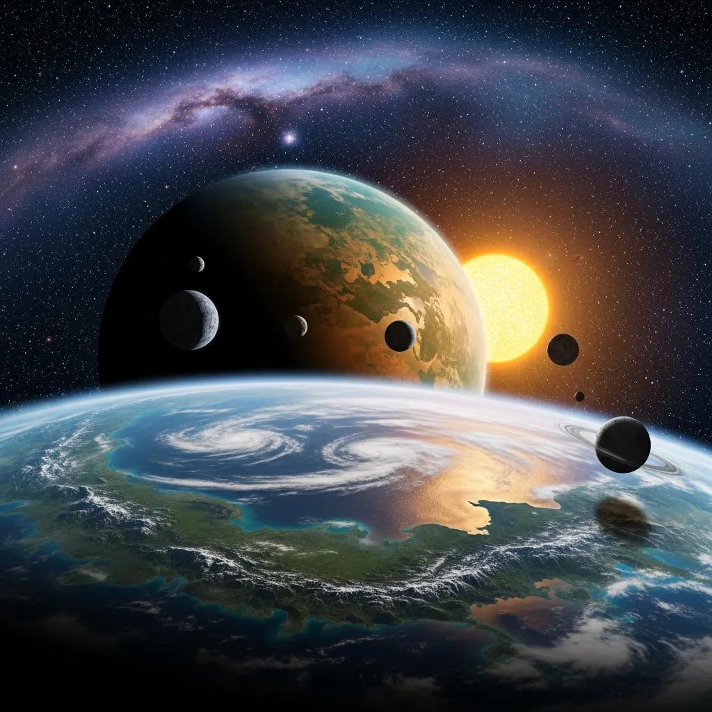 Distant exoplanet with a colorful atmosphere and hints of water and land formations