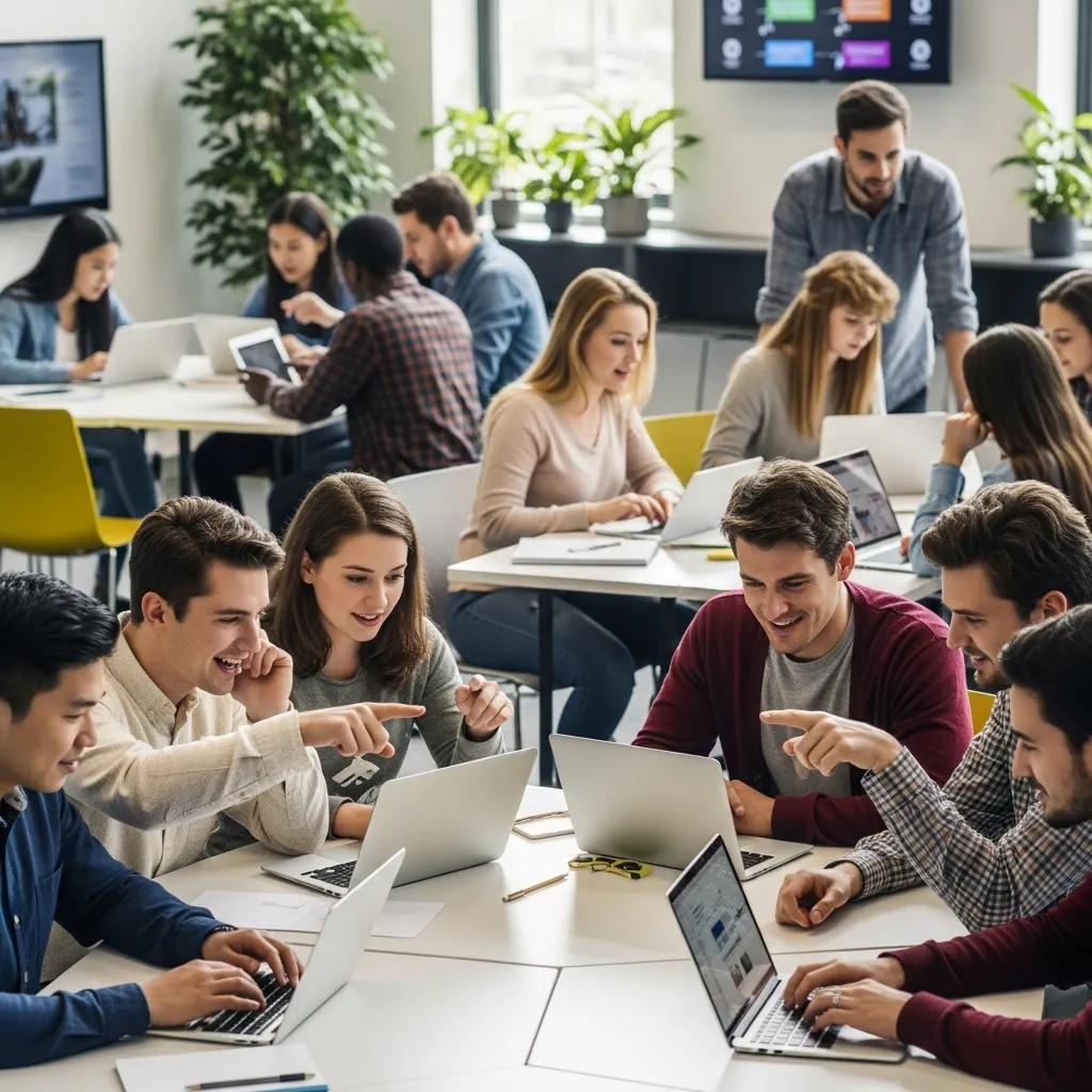Diverse learners engaging with digital devices in a modern educational setting, emphasizing online learning