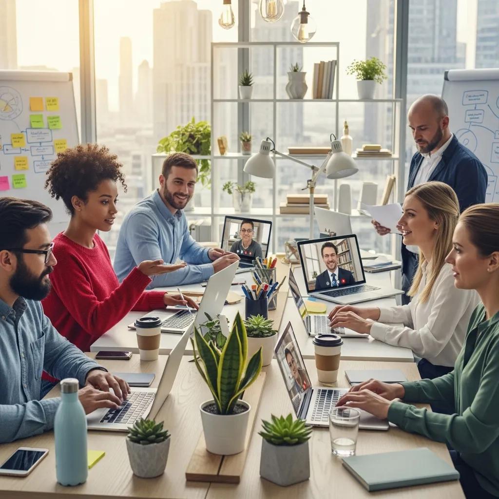Diverse professionals collaborating remotely in a modern workspace