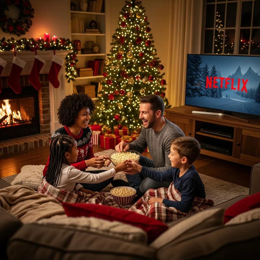 Family enjoying a cozy Netflix winter movie night in a warmly decorated living room