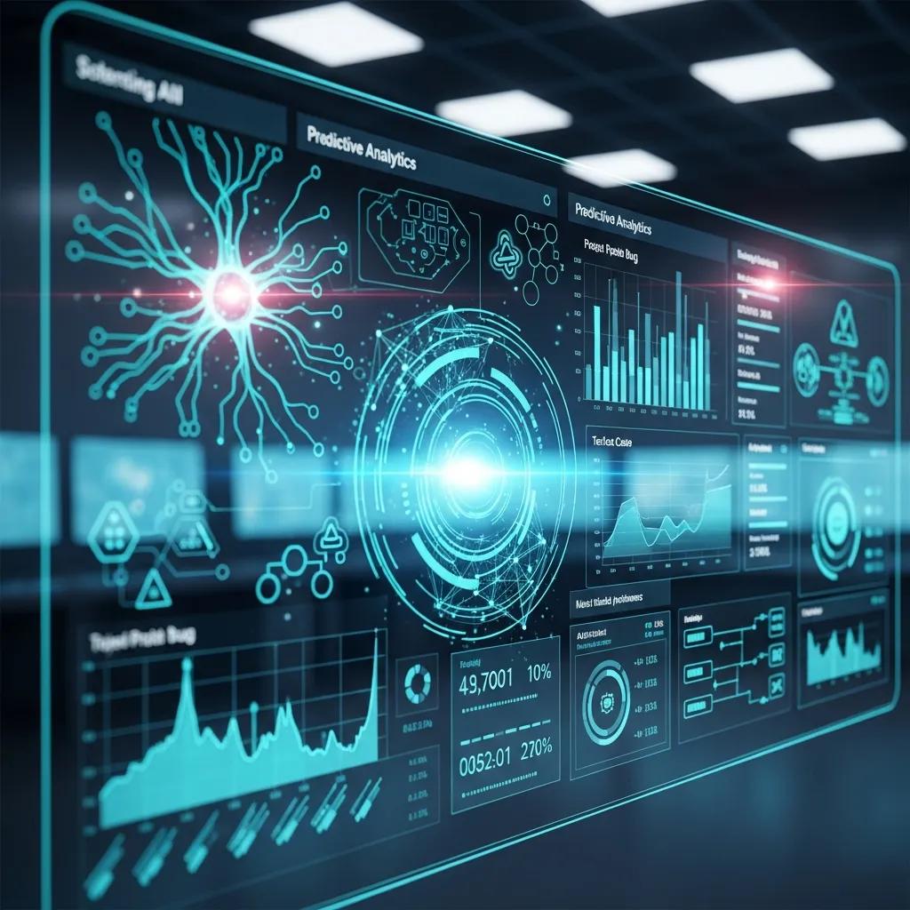 Futuristic dashboard showcasing predictive analytics in AI testing with graphs and metrics