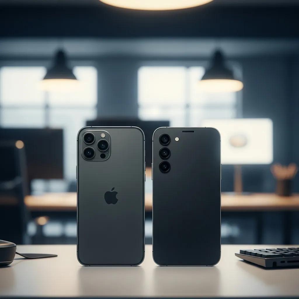 iPhone 17 and Galaxy S26 displayed on a modern desk, showcasing their sleek designs and features