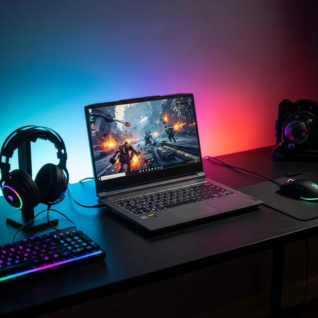 Lenovo Legion gaming laptop in a vibrant gaming setup with RGB lighting
