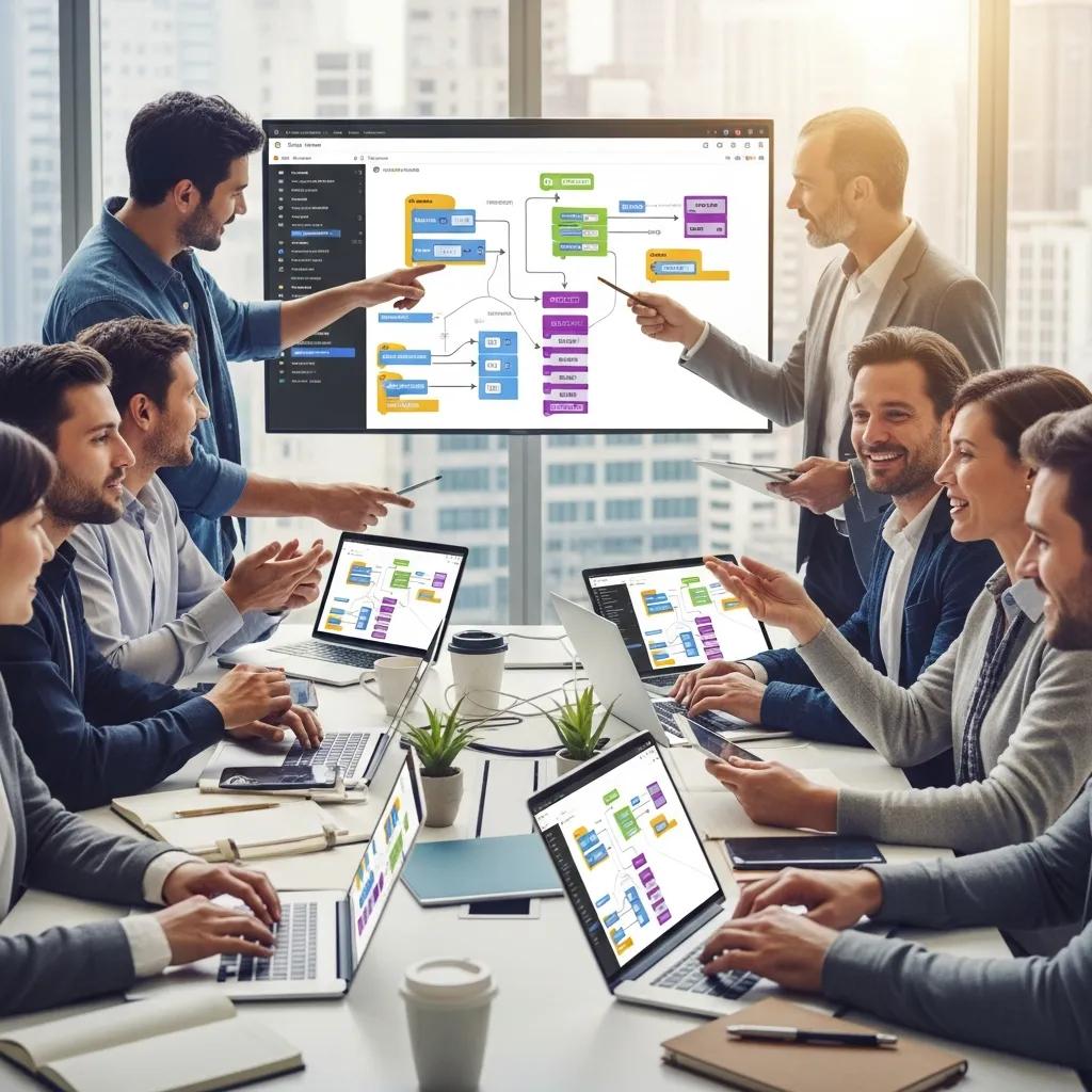 Marketing team collaborating on no-code and low-code automation tools, emphasizing teamwork in digital marketing