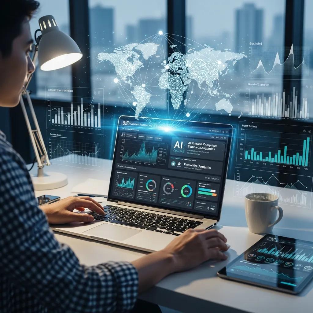 Modern workspace with SEO analytics and AI tools, showcasing automation in digital marketing