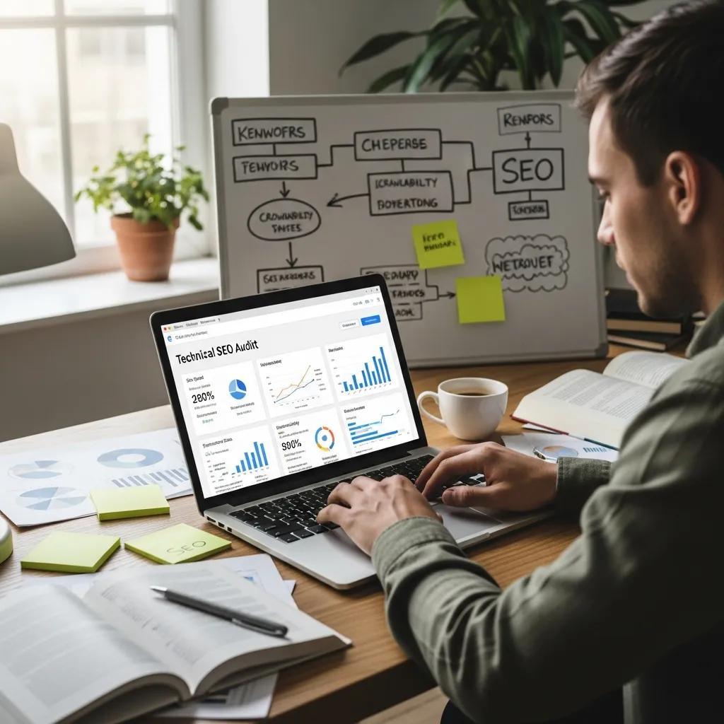 Person analyzing technical SEO elements on a laptop in a bright and inviting workspace