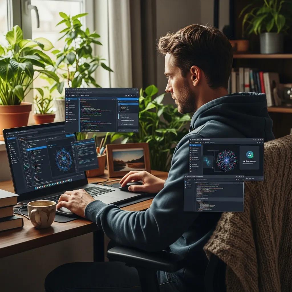 Software developer using AI tools in a cozy home office