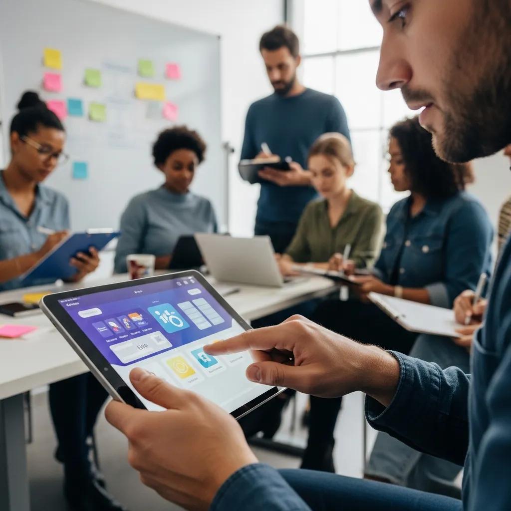 User interacting with a prototype while team members observe in a collaborative testing environment