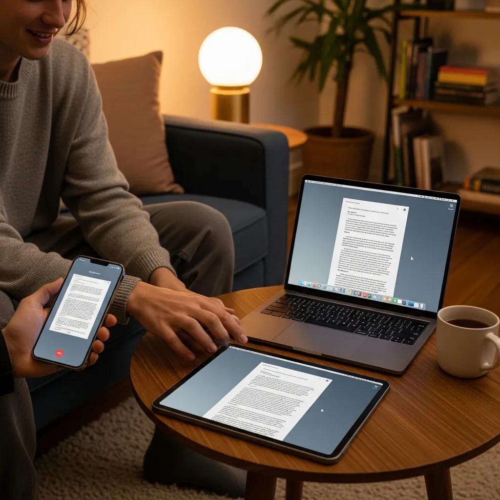 User interacting with iPhone, iPad, and MacBook in a cozy home setting, illustrating Apple's ecosystem integration