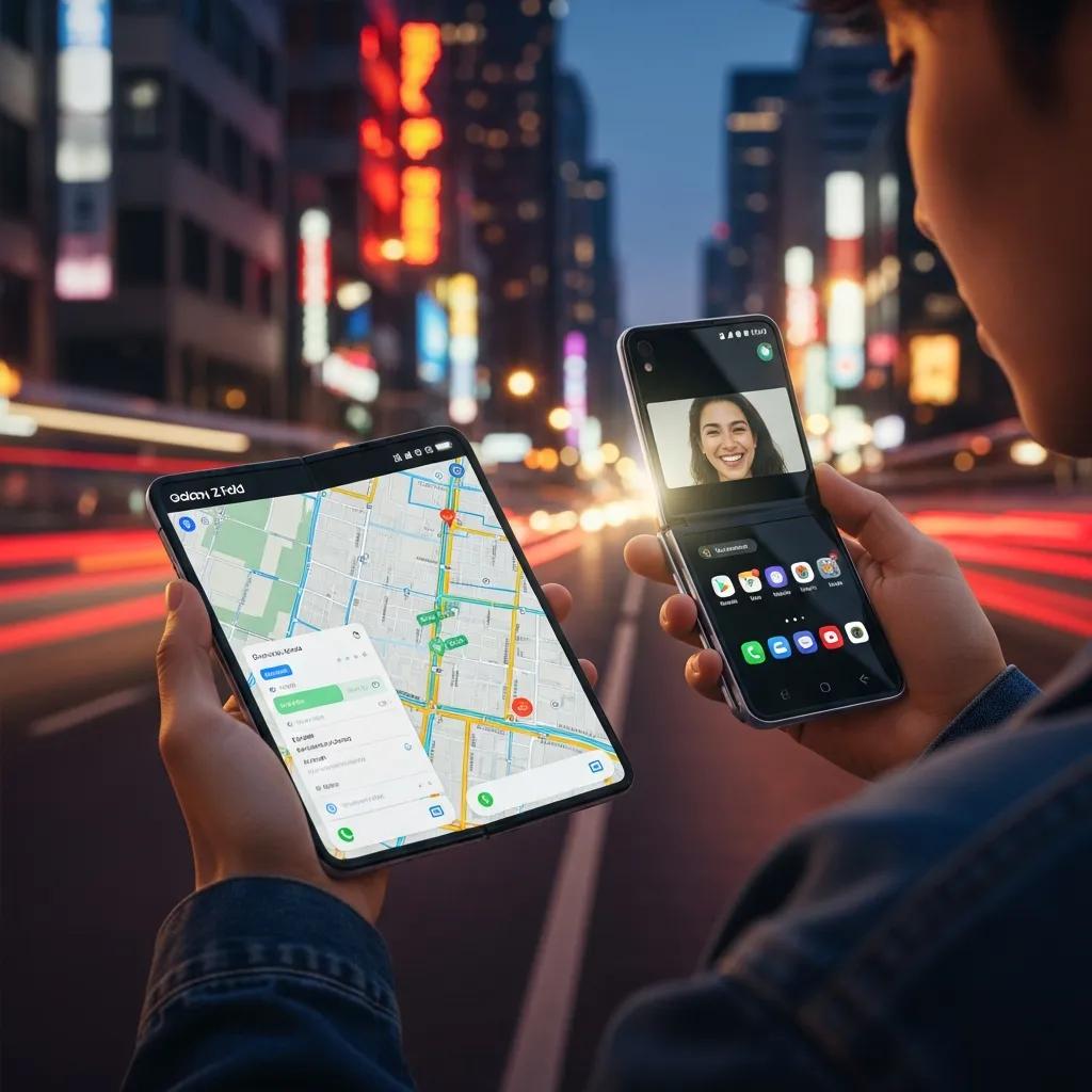 User using Galaxy Z Fold and Galaxy Z Flip in an urban environment, highlighting Samsung's foldable technology