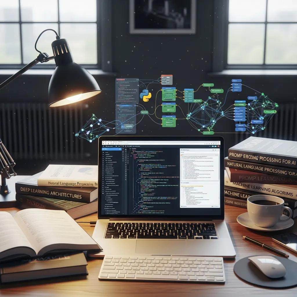 Advanced prompt engineering workspace with AI graphics and coding elements