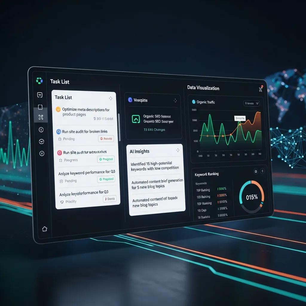 AI-driven SEO automation tools and analytics interface in a tech-inspired environment
