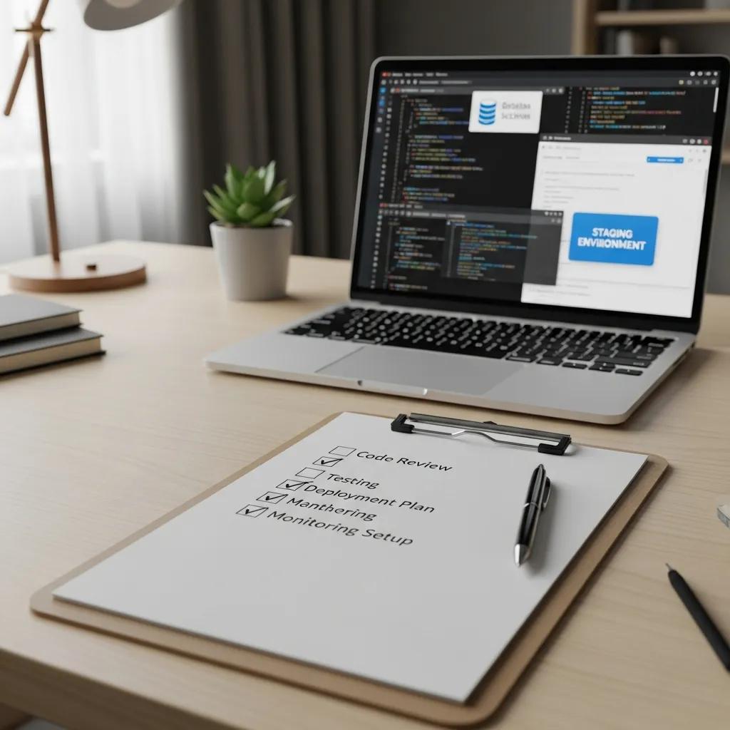 Checklist on a clipboard in a workspace with a laptop and staging environment visuals in the background