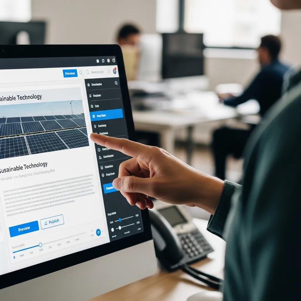 Close-up of a content preview interface on a computer screen with a person pointing at it