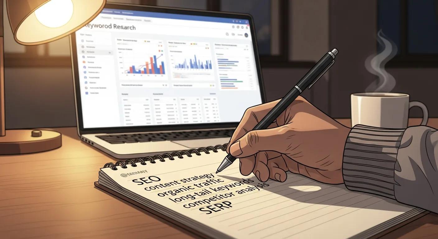 Close-up of a hand writing keywords with a laptop in the background