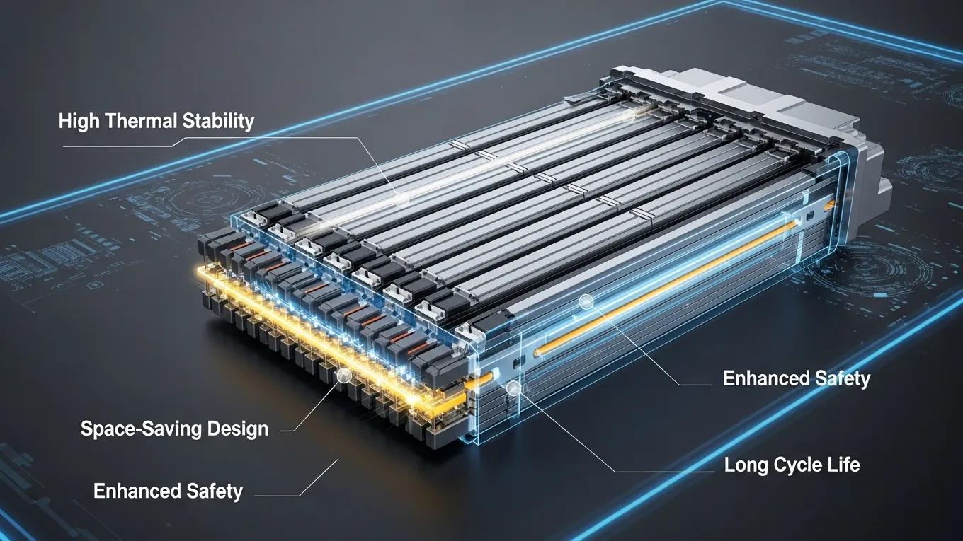 Close-up of BYD Blade Battery technology, illustrating its design and safety features