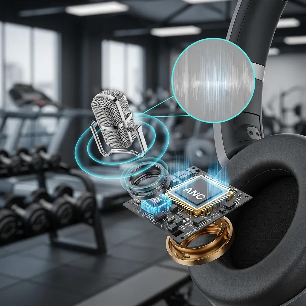 Close-up of sport headphones showcasing microphone and ANC technology in a gym setting, highlighting sound quality