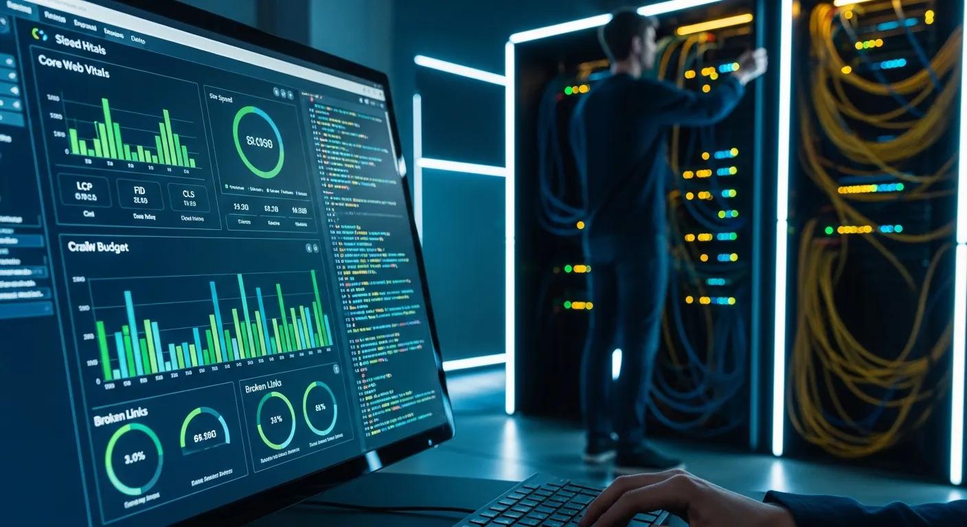 Close-up of website performance metrics on a computer screen, illustrating technical SEO foundations