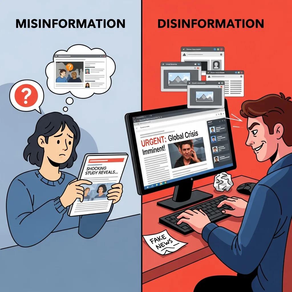 Comparison of misinformation and disinformation with visual examples