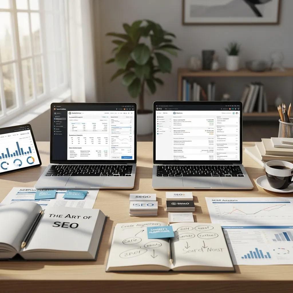 Comparison of SEO platforms SearchAtlas and Moz in a modern workspace setting