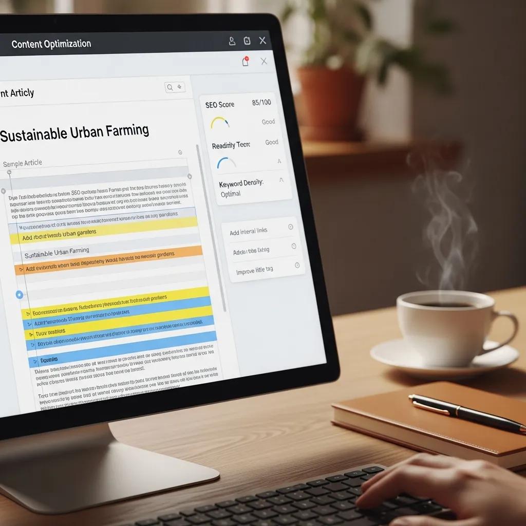 Computer screen displaying AI content optimization suggestions for improved SERP visibility
