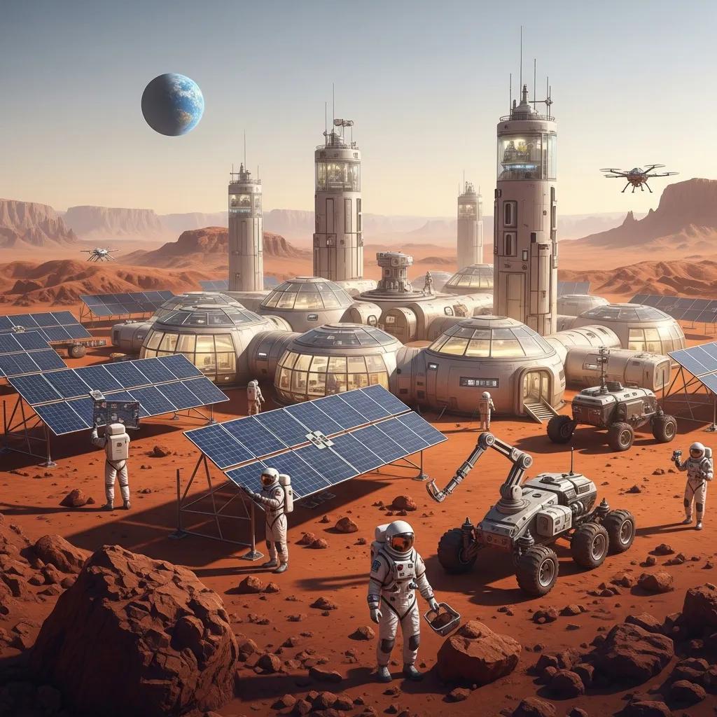 Concept of a Mars colony with habitats and astronauts, illustrating the challenges of colonization
