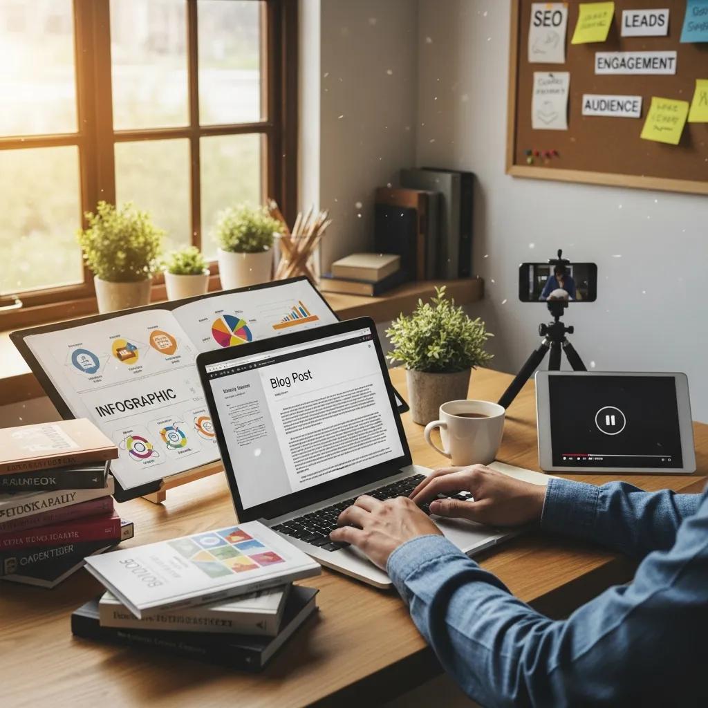 Content marketing in action with a person creating diverse content formats for lead generation