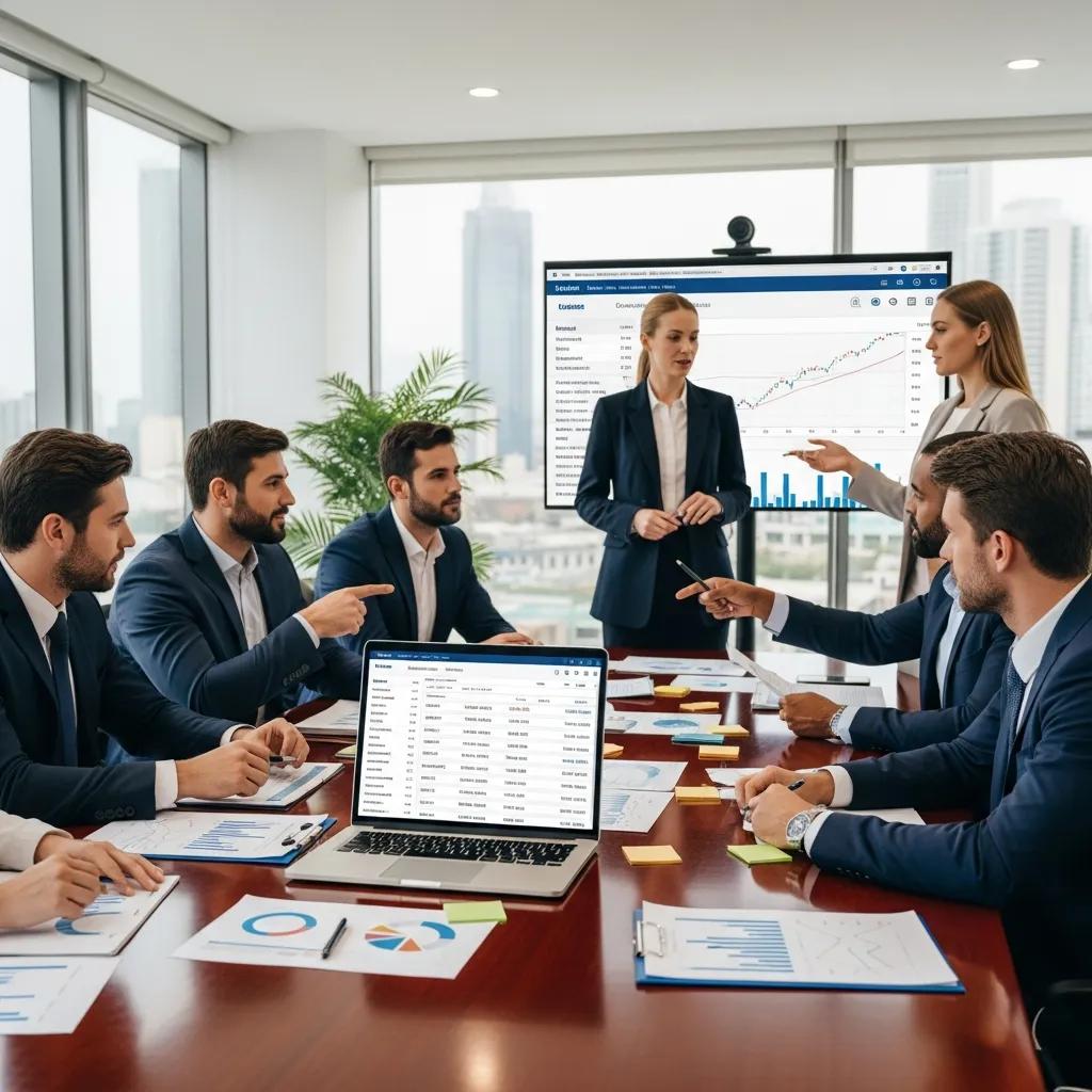 Corporate team discussing financial strategies in a meeting room