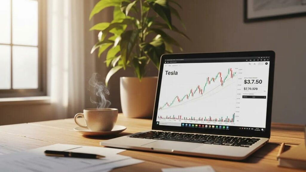 Cozy home office with a laptop showing Tesla stock performance, coffee cup, and plant
