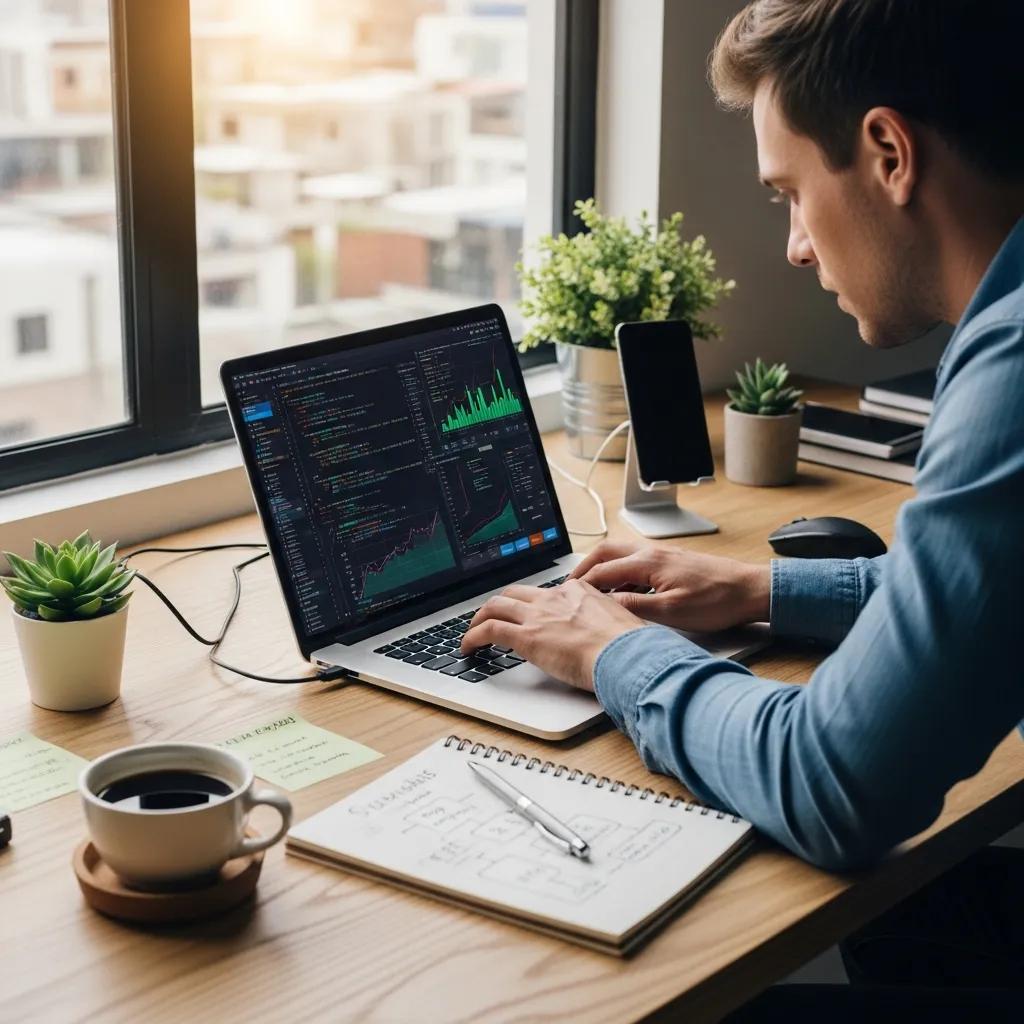 Developer reviewing app performance data on a laptop