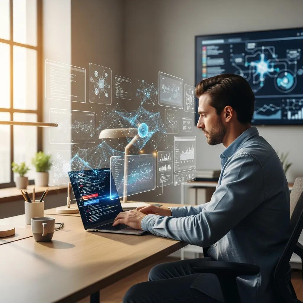 Developer utilizing AI coding tools in a modern workspace