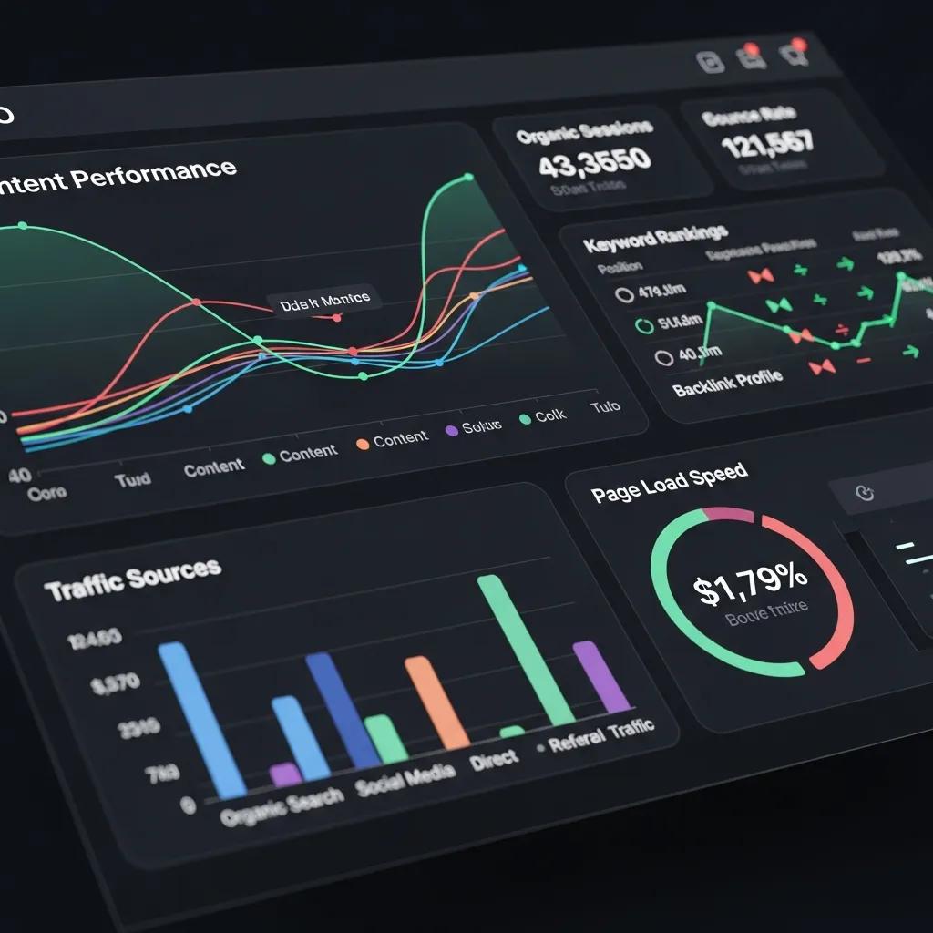 Digital dashboard showcasing SEO metrics and performance indicators for content optimization