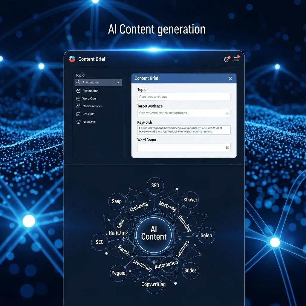 Digital interface showing AI content generation process with keyword clusters and content briefs