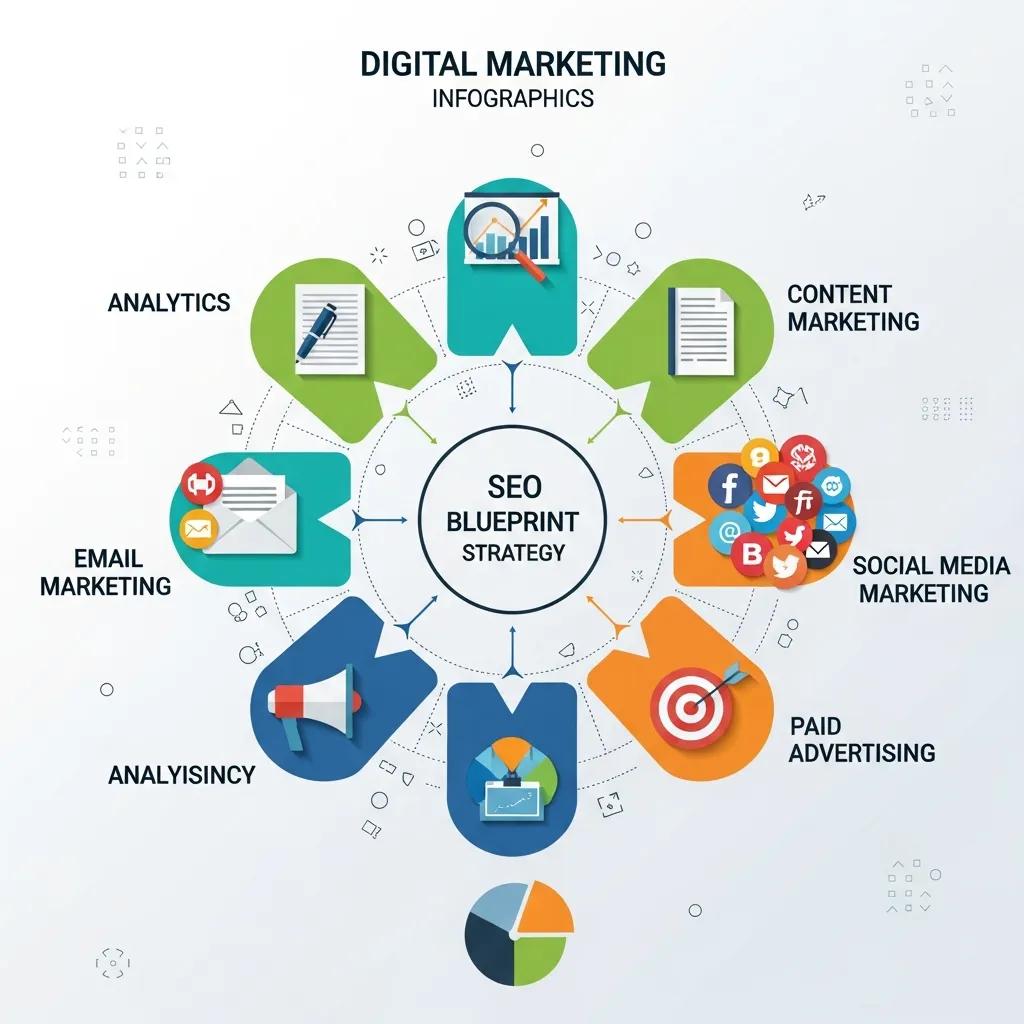 Digital marketing blueprint illustrating key components like SEO, content marketing, and social media strategies