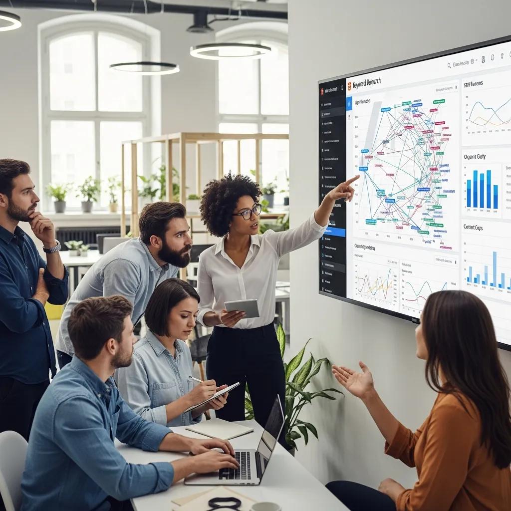 Digital marketing team collaborating on keyword research and clustering using AI tools